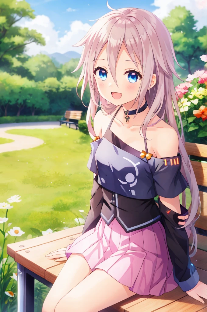 one girl, IA, vocaloid, skirt, black shirt, off shoulder, choker, beautiful, upperbody, cool, sing a tune, in garden, happy, sitting on bench