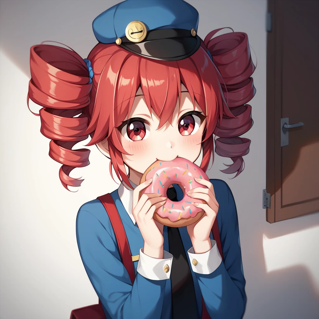 girl, here, kasane here, Twin Drill Hair, high quality, cute, Eating a donut, (((masterpiece))),  重音Tet、Tet、Red hair、uniform、Cute smile、cute composition