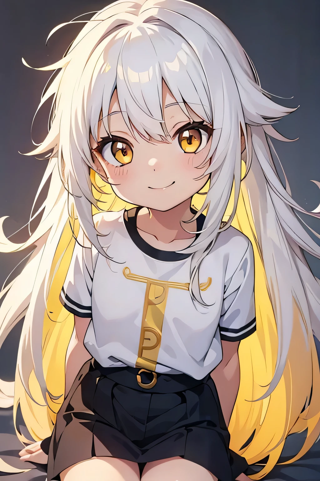 toddler, cute anime toddler, smiling, white hair and yellow hair, long hair, messy hair, golden eyes