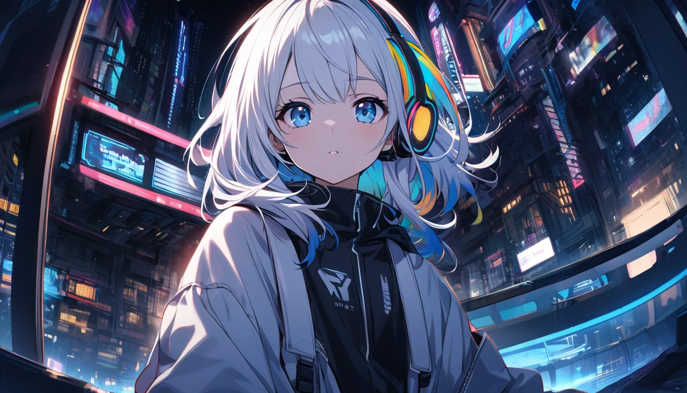 Handsome cute, Solitary, 1 female, Medium Length Hair, white hair, Rainbow hair, blue Eyes, Rainbow headphone, white food, Futuristic, panoramic, in the night,