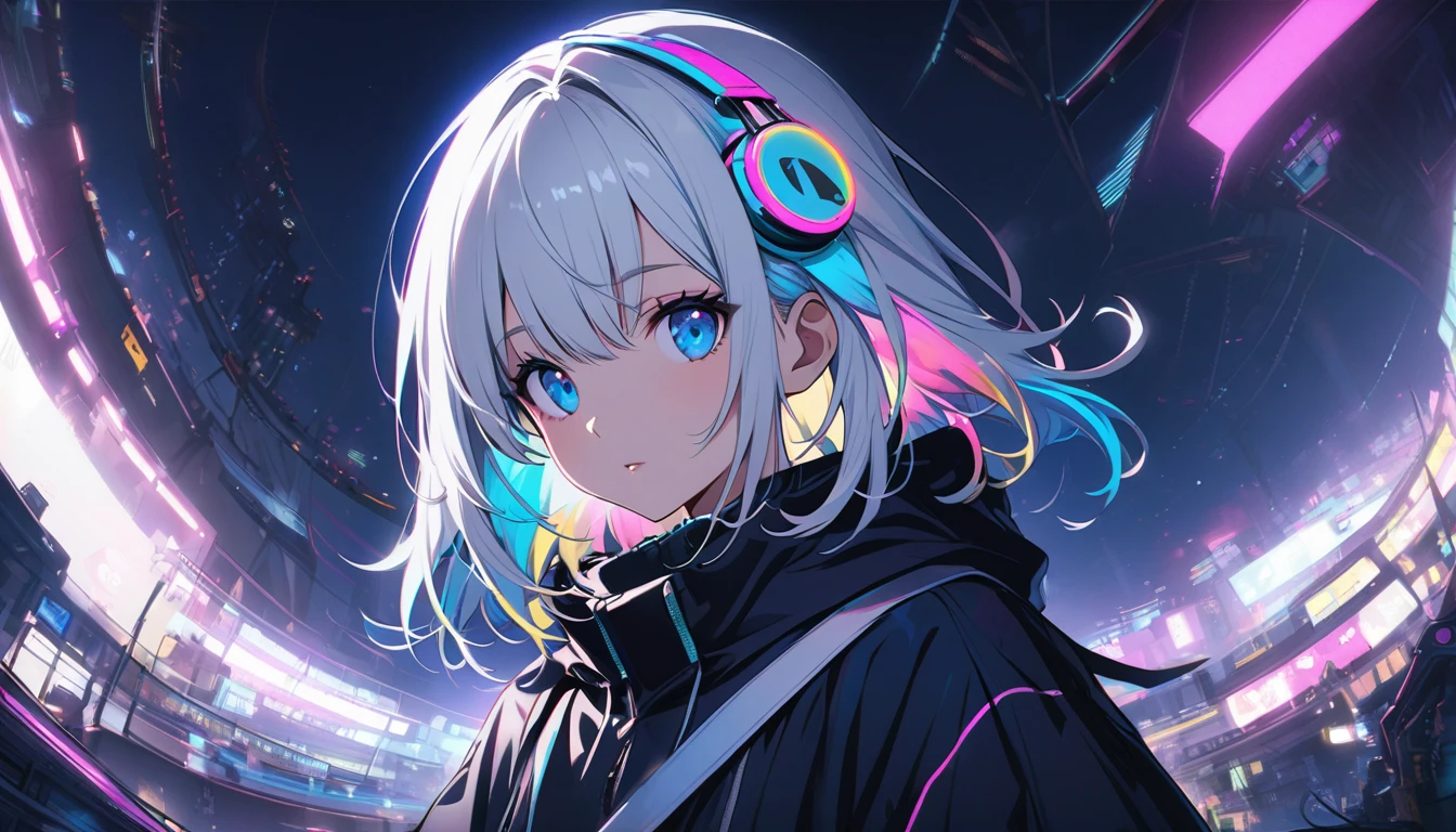 Handsome cute, Solitary, 1 female, Medium Length Hair, white hair, Rainbow hair, blue Eyes, Rainbow headphone, white food, Futuristic, panoramic, in the night,