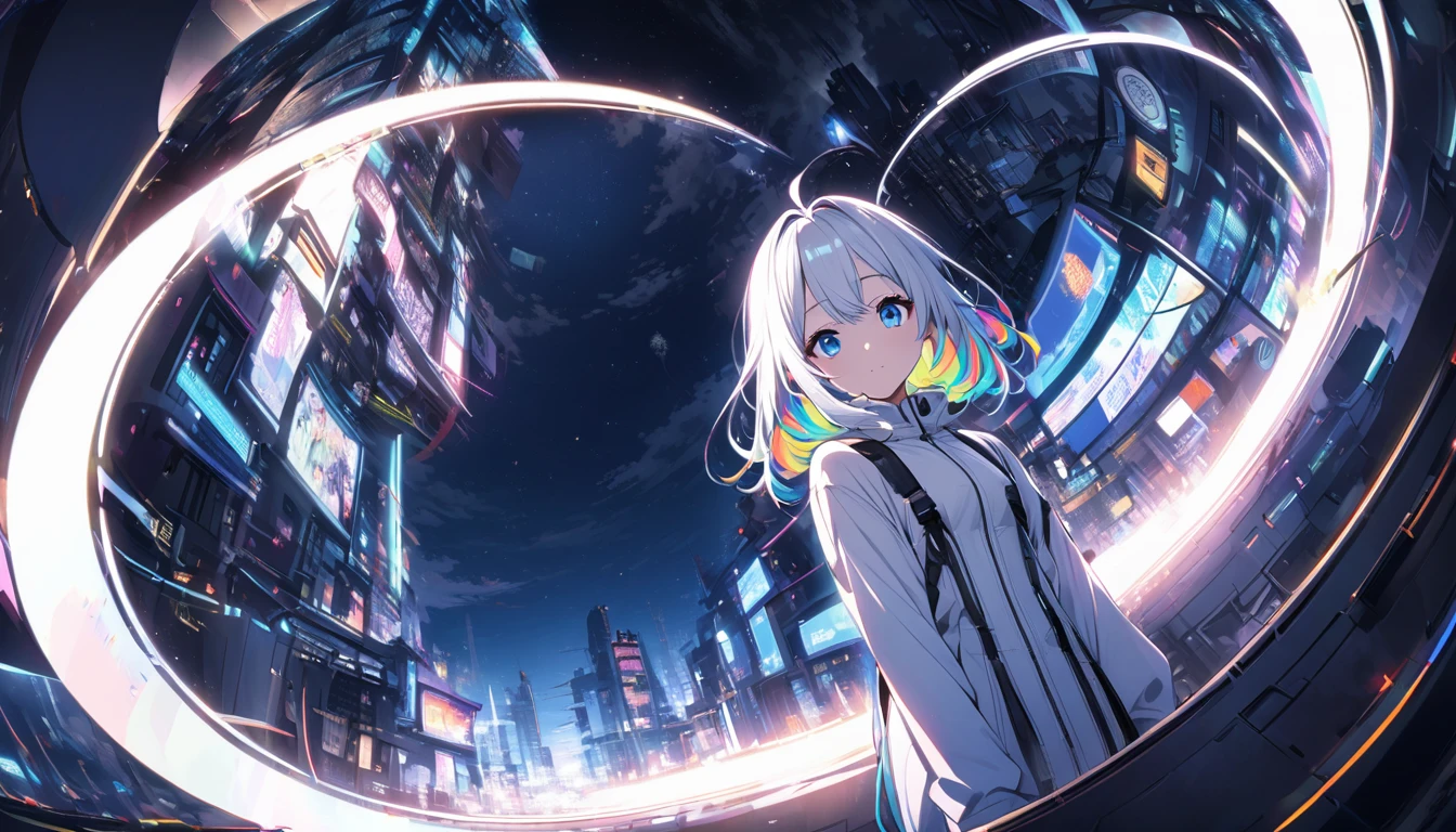 Handsome cute, Solitary, 1 female, Medium Length Hair, white hair, Rainbow hair, blue Eyes, Rainbow headphone, white food, Futuristic, panoramic, in the night,