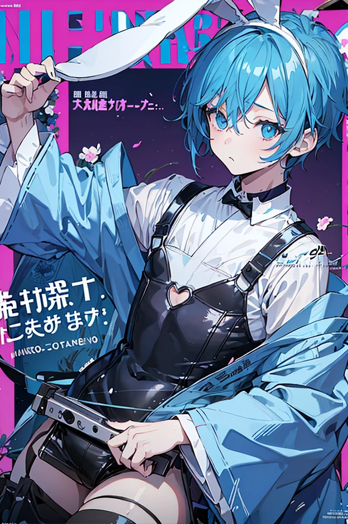 ((1boy)), hair ornament, blue hair, rabbit ears, playboy bunny, (Boy Messy Japanese Round Haircut for Thick Hair), bangs, leotard, blue eyes, detached collar, pink background, simple background, (solo)), (magazine:1.3), (cover-style:1.3), fashionable, (masterpiece, best quality, high quality, highres, ultra-detailed)