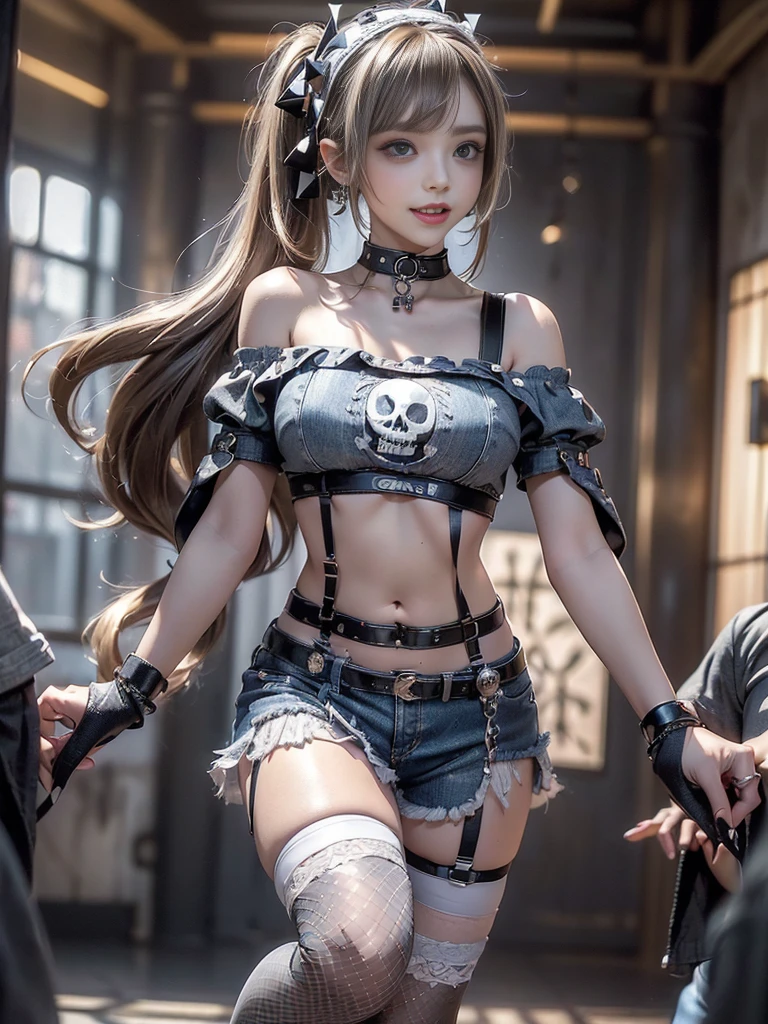 (Full Body View:1.3)、(Beautiful lips and nose:1.4)、(Side view:1.1)、(Smiling with teeth showing:1.3),(Fashion Model:1.5)、(Gothic Lolita delicately decorated battle uniform:1.5)、(White off-shoulder hoodie:1.5)、(Black, silver and white shorts:1.4)、(denim garter belt:1.5)、(Black and denim knee socks:1.3)、(Skull Silver Accessories:1.5)、(Lace collar:1.3)、(Brown Skin Belt:1.4)、(Brown boots:1.2)、(Underwear has polka dots:1.4)、23 years old、((Highest quality、In 8K、masterpiece:1.3))、Sharp focus:1.2、(Layered Cut、Huge boobs:1.1),Beautiful woman with perfect figure:1.4、(Dancing vigorously:1.3)、Slender Abs:1.2、Highly detailed face and skin texture、Detailed eyes、double eyelid,(Twin tails:1.3)、(Brown-golden hair:1.3)、Gravure idol、(The background is a luxurious dance hall.:1.3)、(Slim body:1.2),(Make your legs thinner:1.4),(clavicle:1.1)