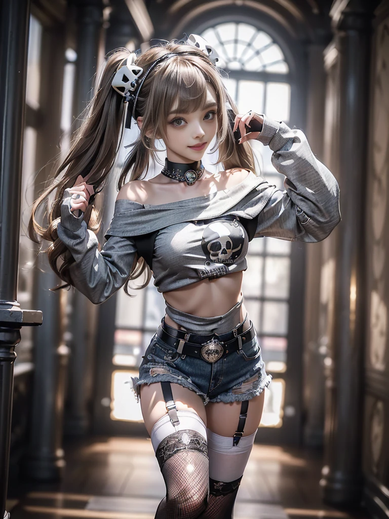 (Full Body View:1.3)、(Beautiful lips and nose:1.4)、(Side view:1.1)、(Smiling with teeth showing:1.3),(Fashion Model:1.5)、(Gothic Lolita delicately decorated battle uniform:1.5)、(White off-shoulder hoodie:1.5)、(Black, silver and white shorts:1.4)、(denim garter belt:1.5)、(Black and denim knee socks:1.3)、(Skull Silver Accessories:1.5)、(Lace collar:1.3)、(Brown Skin Belt:1.4)、(Brown boots:1.2)、(Underwear has polka dots:1.4)、23 years old、((Highest quality、In 8K、masterpiece:1.3))、Sharp focus:1.2、(Layered Cut、Huge boobs:1.1),Beautiful woman with perfect figure:1.4、(Dancing vigorously:1.3)、Slender Abs:1.2、Highly detailed face and skin texture、Detailed eyes、double eyelid,(Twin tails:1.3)、(Brown-golden hair:1.3)、Gravure idol、(The background is a luxurious dance hall.:1.3)、(Slim body:1.2),(Make your legs thinner:1.4),(clavicle:1.1)