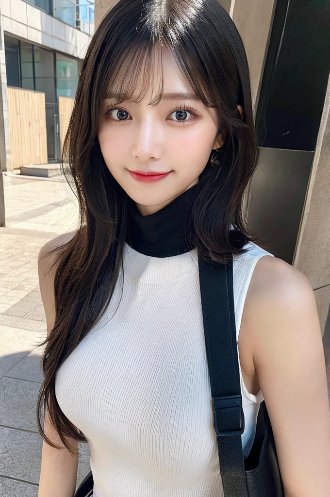 ((paisura))、(Black medium hair)、crossbody, strap between breasts、double eyelid、big 、Highest quality, shape, Very detailed, Fine details, High resolution, 8k, Perfect dynamic composition, Beautiful details, ,Natural color lip, A shy smile,Beautiful 20 year old woman、The only person, Correct posture、Cute type、Looking into the camera、Turtleneck Sleeveless