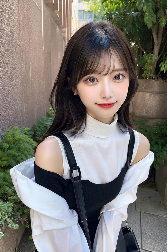 ((paisura))、(Black medium hair)、crossbody, strap between breasts、double eyelid、big 、Highest quality, shape, Very detailed, Fine details, High resolution, 8k, Perfect dynamic composition, Beautiful details, ,Natural color lip, A shy smile,Beautiful 20 year old woman、The only person, Correct posture、Cute type、Looking into the camera、Turtleneck Sleeveless