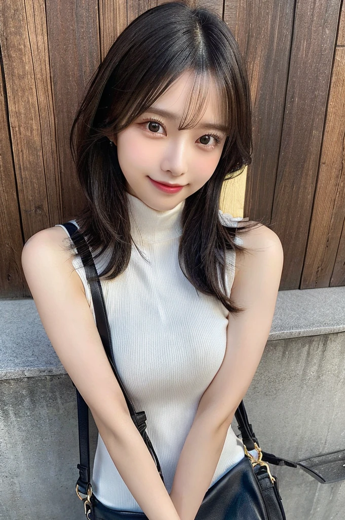 ((paisura))、(Black medium hair)、crossbody, strap between breasts、double eyelid、big 、Highest quality, shape, Very detailed, Fine details, High resolution, 8k, Perfect dynamic composition, Beautiful details, ,Natural color lip, A shy smile,Beautiful 20 year old woman、The only person, Correct posture、Cute type、Looking into the camera、Turtleneck Sleeveless