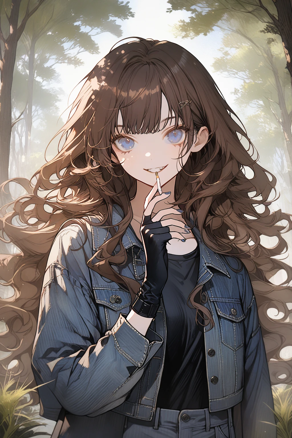 1 girl, CuteStyle, upper body, blue eyes, brown hair, long hair with bangs, flowing hair, standing in the forest, day, light, grass, trees, wind, wearing gray jeans and a black T-shirt, wearing a black denim jacket unbuttoned, black fingerless gloves, holding a cigarette, smoking, cigarette smoke, looking at the viewer, an evil look, an evil grin, detailed, beautiful, gentle tones