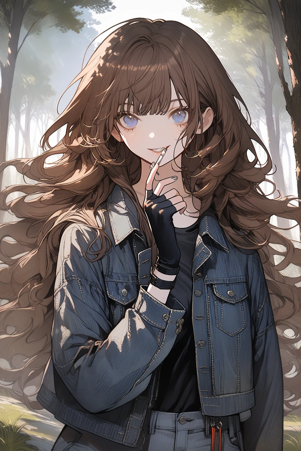 1 girl, CuteStyle, upper body, blue eyes, brown hair, long hair with bangs, flowing hair, standing in the forest, day, light, grass, trees, wind, wearing gray jeans and a black T-shirt, wearing a black denim jacket unbuttoned, black fingerless gloves, holding a cigarette, smoking, cigarette smoke, looking at the viewer, an evil look, an evil grin, detailed, beautiful, gentle tones
