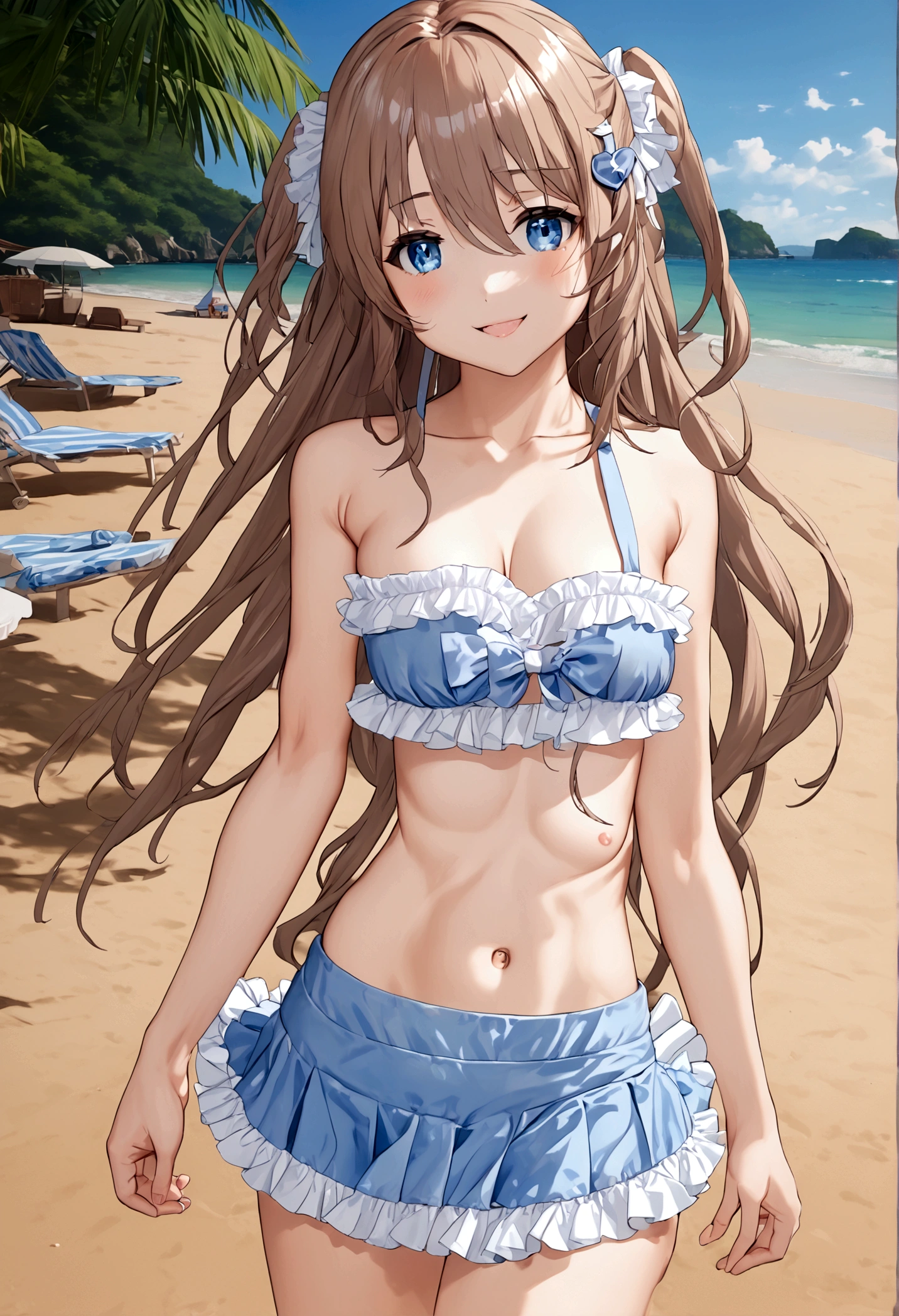 (masterpiece), (ultra-detailed), best quality, 8k,neuro-sama,flat chested,fullbody,frilly bikini skirt, blue bikini,frilly bikini top,standing straight,toned stomach,beach,smiling,1girl