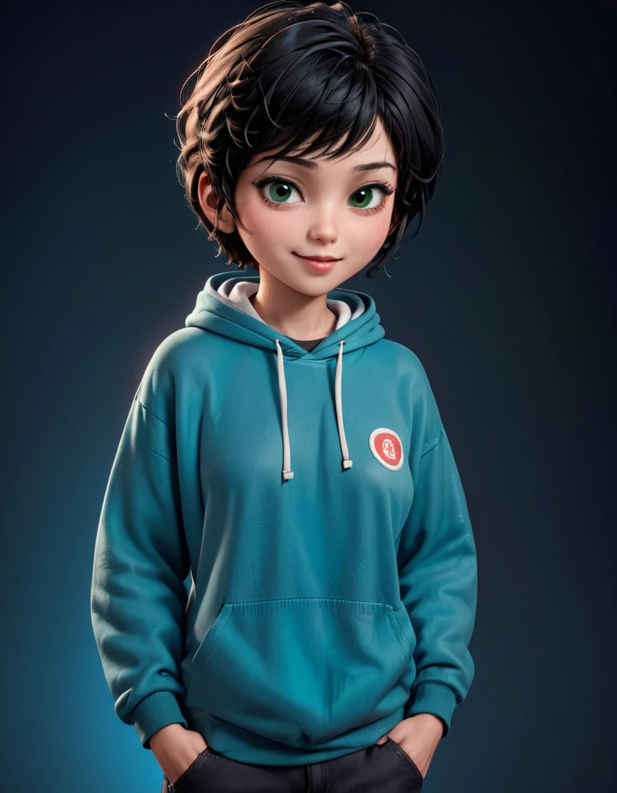 Create a 3D animation of a big-headed cartoon caricature. a 19 year old Indonesian man. She has short black pixie cut hair. His face is oval with smooth lines, thick and neat black eyebrows, normal eyes, a small, sharp nose, and thin lips with a wide, friendly smile. He wore a dark green hoodie over an orange t-shirt. Gradient blue background with professional lighting. masterpiece, top quality, highly detailed skin and face, ultra-realistic, high definition, studio lighting, sharp focus, 2/3 body angle, Concept Art, 3D rendering.