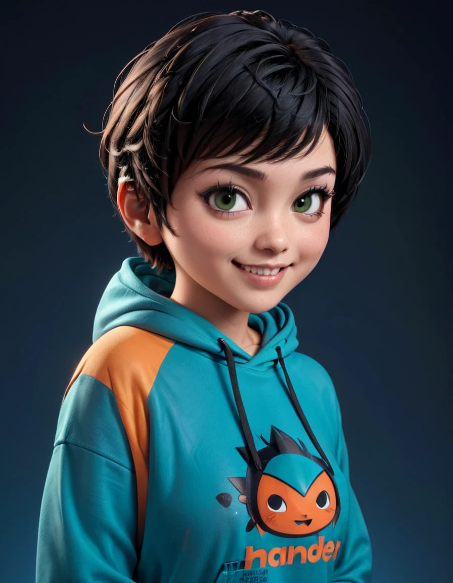 Create a 3D animation of a big-headed cartoon caricature. a 19 year old Indonesian man. She has short black pixie cut hair. His face is oval with smooth lines, thick and neat black eyebrows, normal eyes, a small, sharp nose, and thin lips with a wide, friendly smile. He wore a dark green hoodie over an orange t-shirt. Gradient blue background with professional lighting. masterpiece, top quality, highly detailed skin and face, ultra-realistic, high definition, studio lighting, sharp focus, 2/3 body angle, Concept Art, 3D rendering.