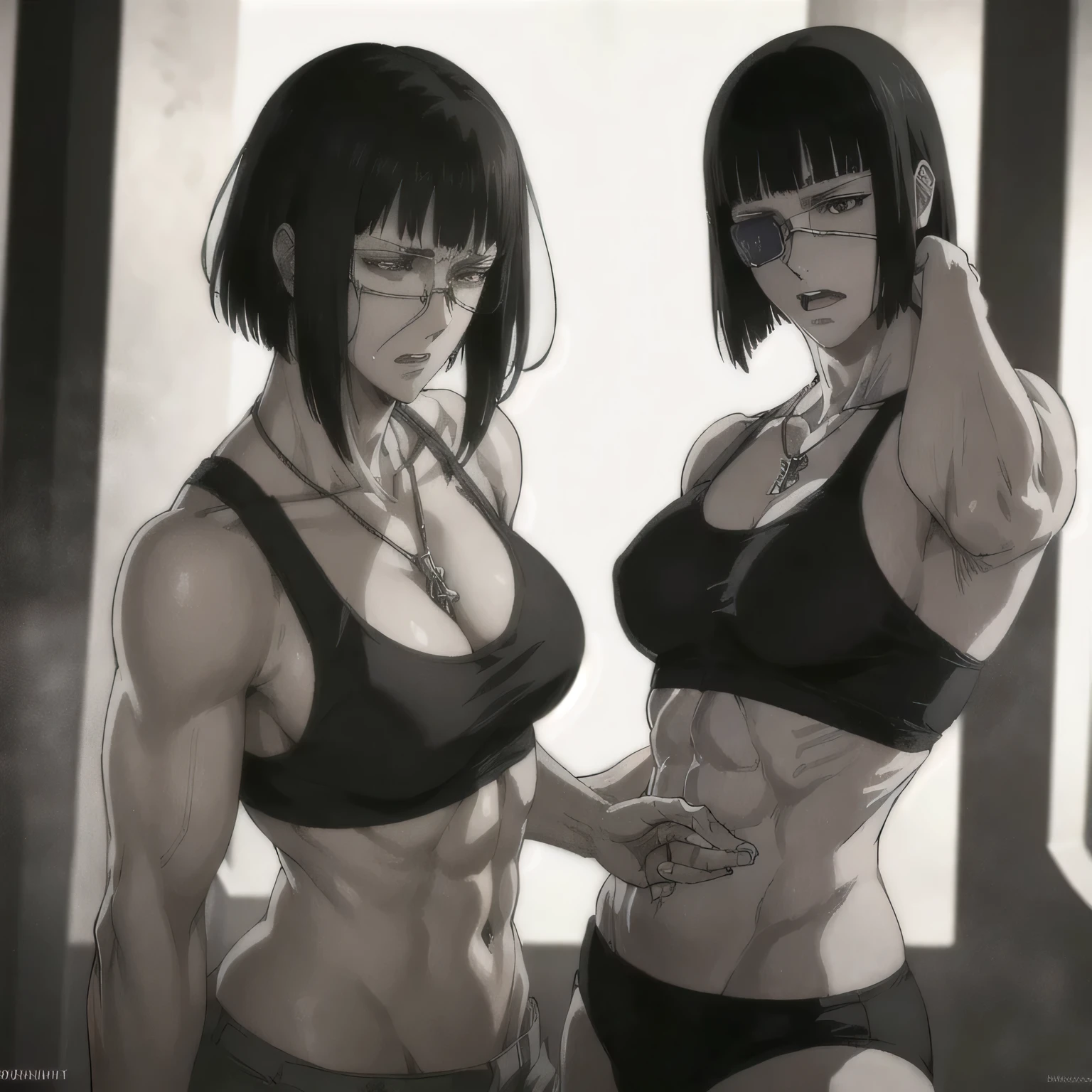 (best quality,ultra-detailed,realistic:1.37),musclaur badass girl with sculpted body with preview her musclaur body and six-pack, full review of the female character's face and body, intense expression,studio lighting, vivid colors, physiologically-based rendering, grungy texture, rugged background, dust particles in the air, commanding presence, professional, powerful, gritty aesthetics,,Valmet،short hair،tattoos on shoulders,,Shining muscles, muscle protrusion,wearing military male black Rubber underwear and midriff tank top,necklace,Valmet have a sex muscles,eyepatch,penis,wet body,wet clothes,white skin,water dropped on body,Shining skin,training in combat arena,Valmet only,sexy six-pack,sexy penis inside underwear,penisQuiron,penis growth inside underwear,