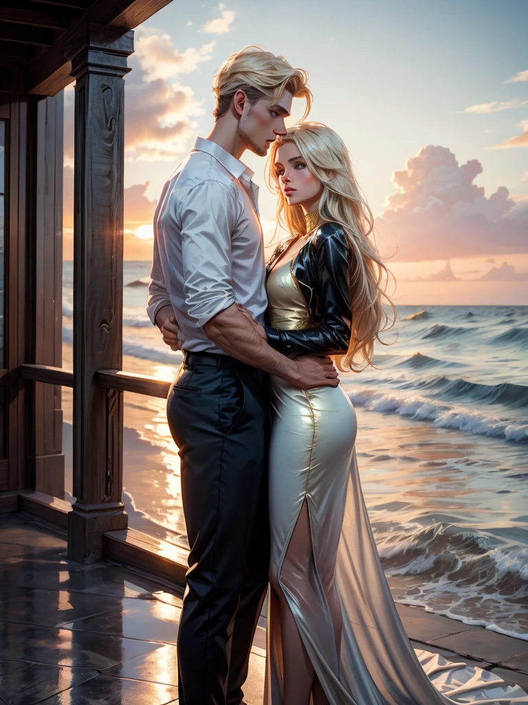 A warm summer evening, sunset, light breeze, a couple will dance hugging on the deck of a luxury yacht: 1 woman (an incredibly beautiful young fatal blonde with blue eyes and long golden hair reaching to the waist, she is wearing a beautiful shimmering silk dress with thin lace, romantic appearance) and 1 man (tall, handsome, a handsome, masculine, athletic young man-platinum blond, he has blue eyes, tanned skin, long straight platinum hair, he is dressed in a light shirt and trousers). The ocean breeze. Masterpiece, perfect image, realistic photos, full-length image, 8K, detailed image, extremely detailed illustration, a real masterpiece of the highest quality, with careful drawing. glow. In full growth. they are in love with each other.