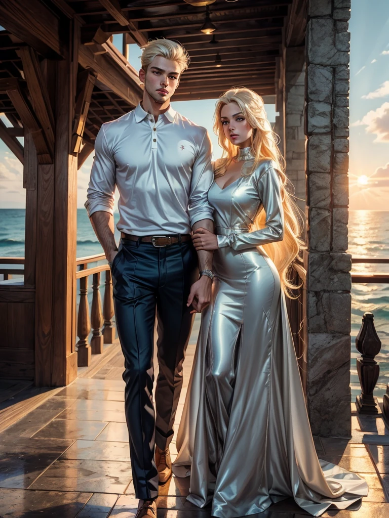 Sunset, beautiful promenade, light breeze. An incredibly beautiful young femme fatale blonde with blue eyes, long golden hair, she is wearing a luxurious silk evening dress, a romantic image, she is standing in front of a tall, statuesque, masculine young man -platinum blonde, he has tanned skin, blue eyes, long straight platinum hair, he is dressed in light trousers and a white polo shirt He hands her a scarlet rose. They are in love with each other. Sunset. the ocean breeze. Masterpiece, beautiful face, beautiful facial features, perfect image, realistic photos, full-length image, 8k, detailed image, extremely detailed illustration, a real masterpiece of the highest quality, with careful drawing. glow. In full growth.