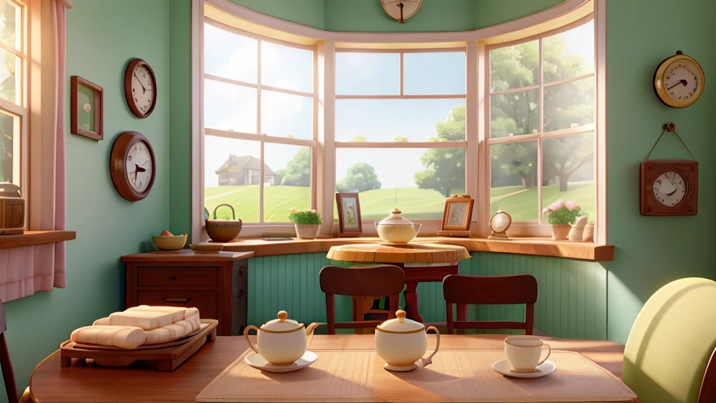 A quaint, pastel-colored house with perfectly manicured lawns in the quiet town of Dullsville. On the breakfast table is a round oatmeal cookie with a steaming cup of tea beside it. Sunlight streams through the window, highlighting on a vintage clock on the wall.