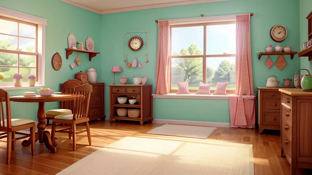 A quaint, pastel-colored house with perfectly manicured lawns in the quiet town of Dullsville. On the breakfast table is a round oatmeal cookie with a steaming cup of tea beside it. Sunlight streams through the window, highlighting on a vintage clock on the wall.