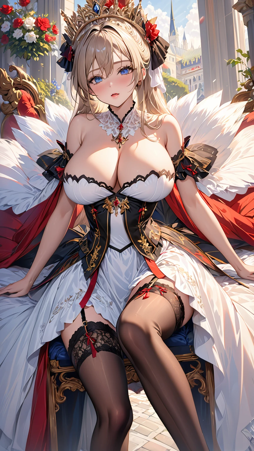 masterpiece:1.4,best-quality,Super Detail,Very Delicate and Beautiful, ((( nsfw, royal woman with spread legs, orgasming, garter belt, garter stocking, royalty dress, public indecency ))), very gigantic breasts, cleavage, very slender, off-shoulder, perfect face, beautiful eyes, sitting
