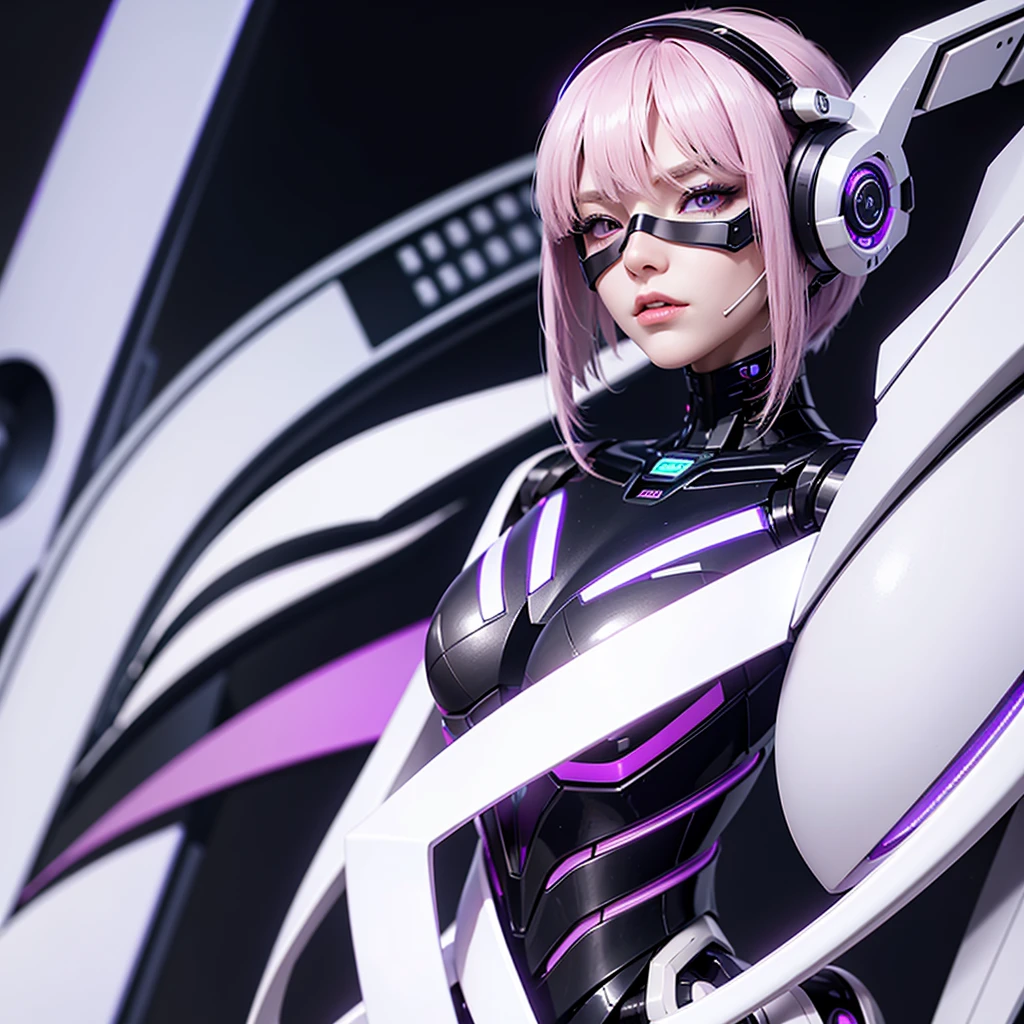 a girl with a sleek and attractive robotic body, featuring high-tech components. She has short pink hair, purple eyes, and an angry expression. She is wearing a mask that partially obscures her face, with her polished mechanical limbs and torso emphasizing her allure despite her intense emotions. (((white cyber masker))), ((body position standing upright)), close up,1girl, ((Close up))