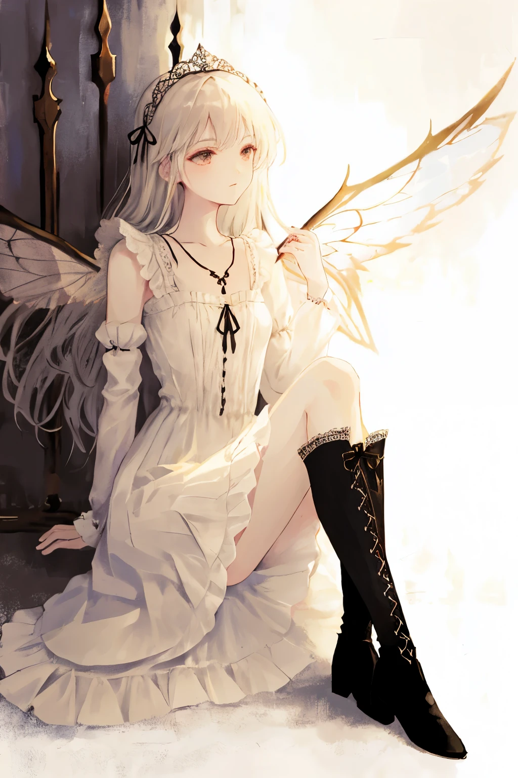 ((best quality)), ((masterpiece)), (detailed), 1girl, Character design, female, dynamic poses, long white grey hair, grey white eyes, very skinny, detailed, best quality, no accesoires around the neck, no shoes, prominent collarbones, skinny arms, flat stomach, visible hip bones, full body, blank white background, plain background, white background, red and white clothing, Bloodborne inspired, occult aesthetic, occult, detailed and intricate steampunk and detailed gothic, NSFW, Very dramatic and cinematic lighting, cosmic horror, grim-dark, side-lighting, perfect face, NSFW, Fluttering lace flared long knee length dress with frilly petticoats, knee length dress, pleated petticoats, petticoats gothic, complex lace boots, side-lighting, gothic aesthetic, wielding a mighty sword with mechanical components, mandalas, small breasts, a fairy, various different types of insect wings, NSFW, full body, whole body, body, plain background, white background, blank background, no background, white background NSFW, chains, full body, whole body, head-to-toe NSFW