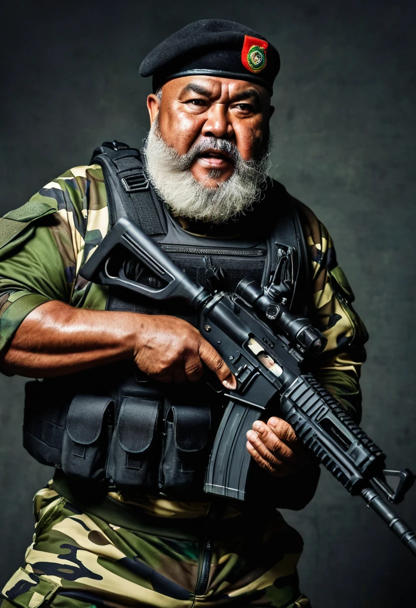 (a dark-skinned bearded fat old man in a bulky camouflage zipper diver suit) wearing army beret, shooting with a gun, muscular, Basuki Abdullah, sumatraism, action, a character portrait, heroic, fierce, snarling
