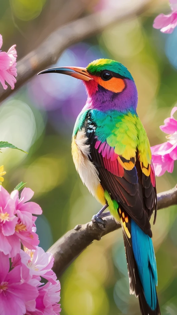 colorful bird sitting on a branch of a tree with pink flowers, colorful bird with a long, colorful birds, foto hd colorida, lindo e colorido, lindo colorido, pintura de um beija-flor, cheio de cores e detalhes ricos, painted in bright water colors, imagem colorida, cores vibrantes e realistas, rico colorido, Natureza bela, lindamente pintado, colorido 8k, pintura da natureza