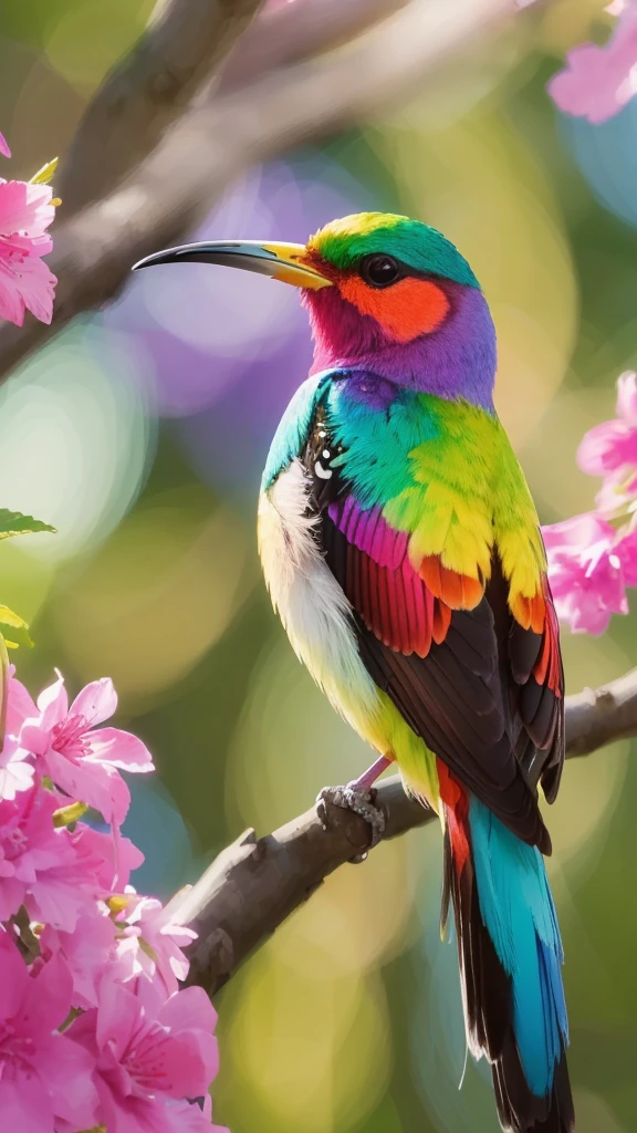 colorful bird sitting on a branch of a tree with pink flowers, colorful bird with a long, colorful birds, foto hd colorida, lindo e colorido, lindo colorido, pintura de um beija-flor, cheio de cores e detalhes ricos, painted in bright water colors, imagem colorida, cores vibrantes e realistas, rico colorido, Natureza bela, lindamente pintado, colorido 8k, pintura da natureza