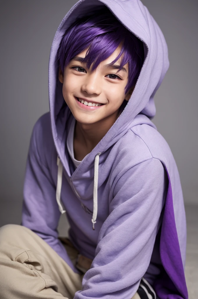 A boy with purple hair and a hood pulled down low over his head, smiling suspiciously
