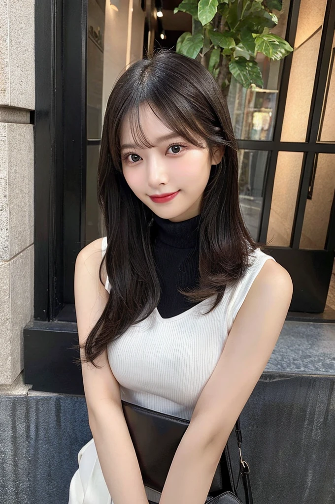 ((paisura))、（Black medium hair)、crossbody, strap between breasts、double eyelid、big 、Highest quality, shape, Very detailed, Fine details, High resolution, 8k, Perfect dynamic composition, Beautiful details, ,Natural color lip, A shy smile,Beautiful 20 year old woman、The only person, Correct posture、Cute type、Looking into the camera、Turtleneck Sleeveless、Paisura、Shoulder bag、