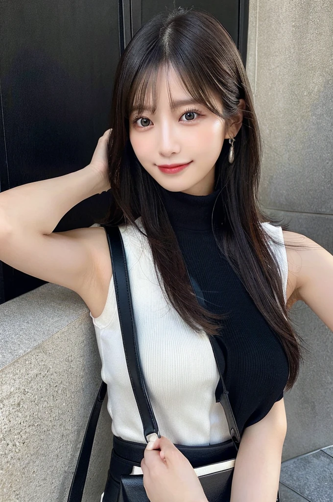 ((paisura))、(Black medium hair)、crossbody, strap between 、double eyelid、big 、Highest quality, shape, Very detailed, Fine details, High resolution, 8k, Perfect dynamic composition, Beautiful details, ,Natural color lip, A shy smile,Beautiful 20 year old woman、The only person, Correct posture、Cute type、Looking into the camera、Turtleneck Sleeveless、Paisura、Shoulder bag、