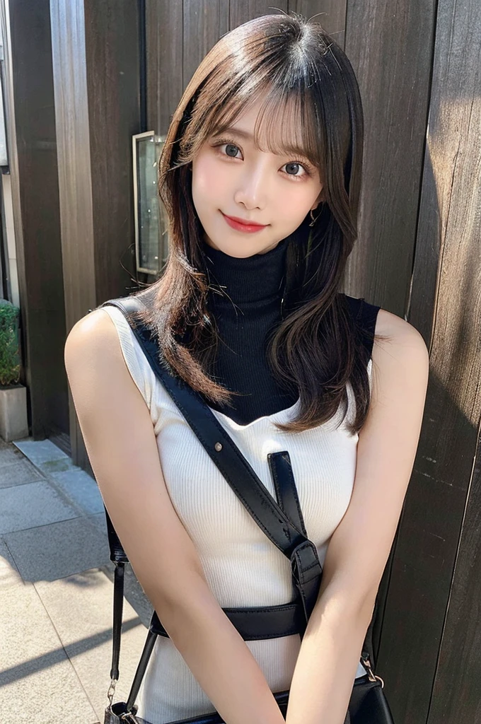 ((paisura))、（Black medium hair)、crossbody, strap between breasts、double eyelid、big 、Highest quality, shape, Very detailed, Fine details, High resolution, 8k, Perfect dynamic composition, Beautiful details, ,Natural color lip, A shy smile,Beautiful 20 year old woman、The only person, Correct posture、Cute type、Looking into the camera、Turtleneck Sleeveless、Paisura、Shoulder bag、