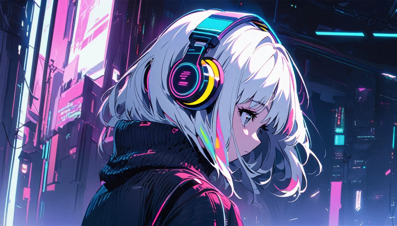 Handsome cute, Solitary, 1 female, Medium Length Hair, white hair, Rainbow hair, sleepy Eyes, Rainbow headphone, knit dress, Futuristic, Cyberpunk, Cybernetics panoramic, back ground lo-fi world, looking away,