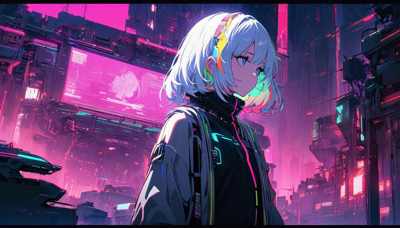 Handsome cute, Solitary, 1 female, Medium Length Hair, white hair, Rainbow hair, sleepy Eyes, Rainbow headphone, knit dress, Futuristic, Cyberpunk, Cybernetics panoramic, back ground lo-fi world, looking away,