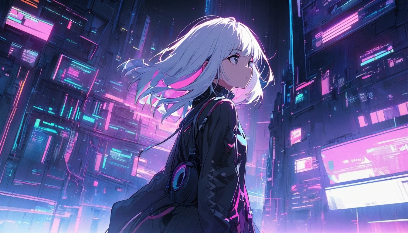 Handsome cute, Solitary, 1 female, Medium Length Hair, white hair, Rainbow hair, sleepy Eyes, Rainbow headphone, knit dress, Futuristic, Cyberpunk, Cybernetics panoramic, back ground lo-fi world, looking away,