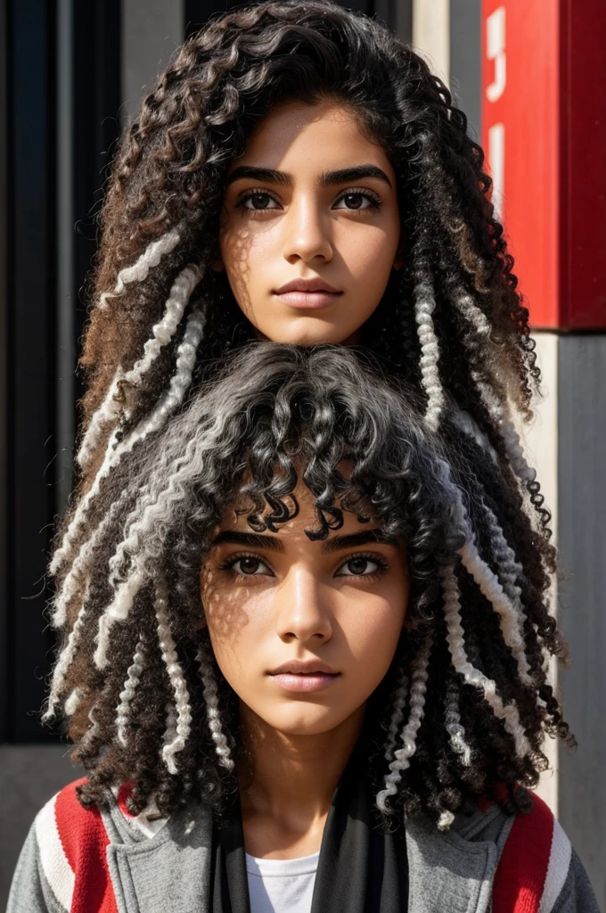Estudiante de la U.A BHA,pelo largo rizado de color negro y blanco con mechones de color rojo,sus ojos color gris,gran busto y trasero.