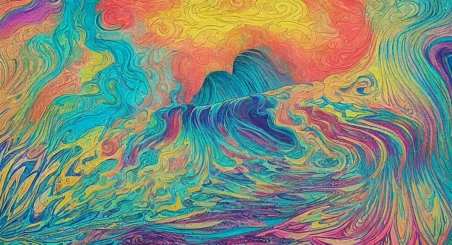 a painting of waves with a rainbow colored swirls fine lines and details,