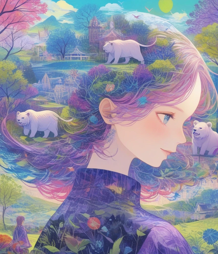 (Panorama, center, masterpiece, Highest quality: 1.2), Fantasy Illustration, Lion, bear, Big Circus, Clown performing magic, Evoke the magic. In purple hues, The background blends in with his hair., Creates an atmosphere of tranquility、Create harmonious compositions that capture the beauty of nature。. This illustration symbolizes the harmony between humans and the environment., Focus on the face,((Ultra high color saturation,Vibrant colors))