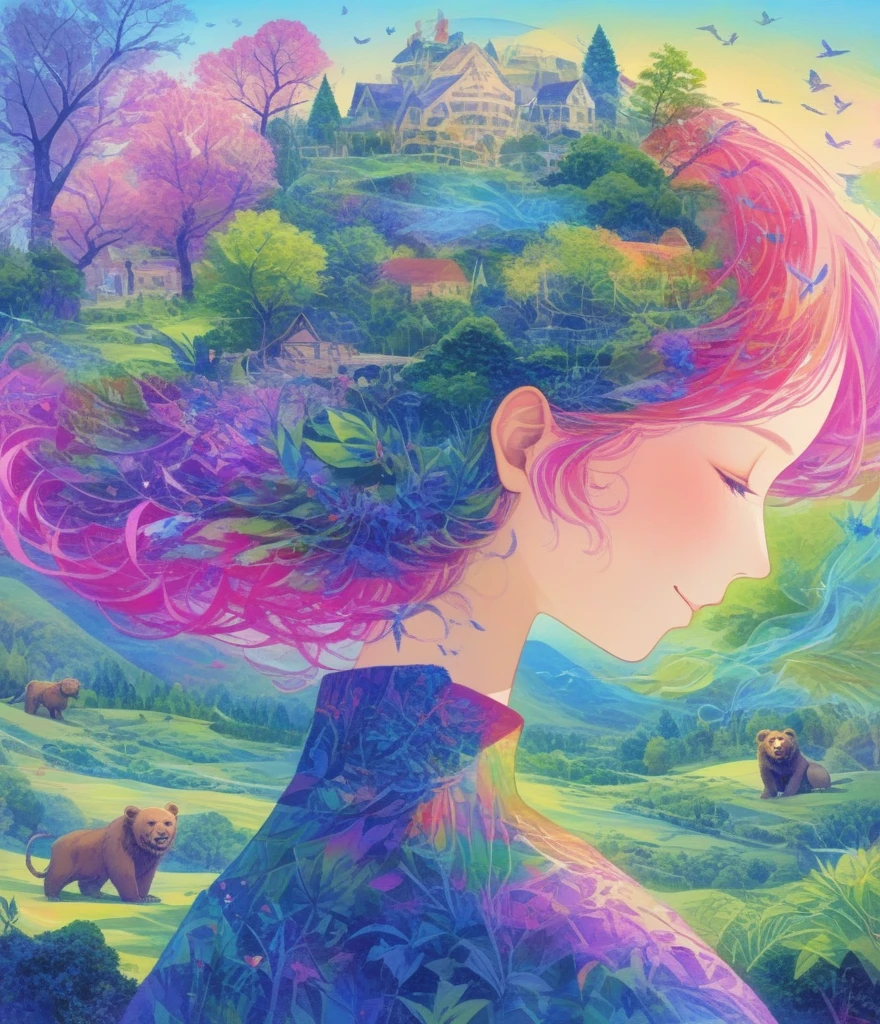 (Panorama, center, masterpiece, Highest quality: 1.2), Fantasy Illustration, Lion, bear, Big Circus, Clown performing magic, Evoke the magic. In purple hues, The background blends in with his hair., Creates an atmosphere of tranquility、Create harmonious compositions that capture the beauty of nature。. This illustration symbolizes the harmony between humans and the environment., Focus on the face，((Ultra high color saturation，Vibrant colors))