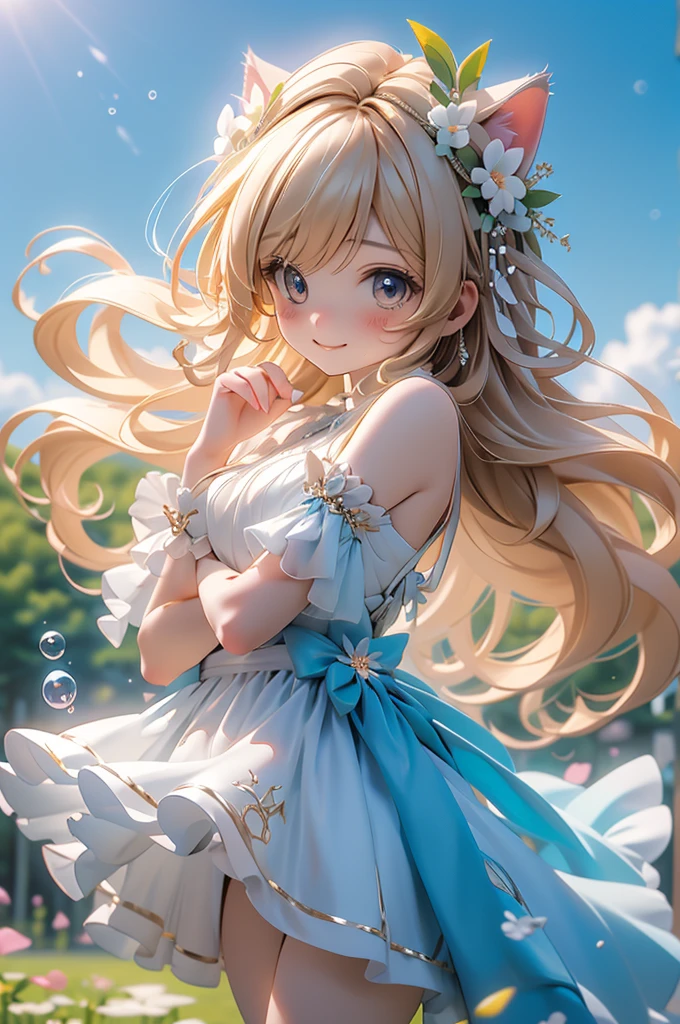 (Highest quality))、((masterpiece))、(detailed)、((soro girl)),masterpiece,best quality, high quality,ulutra detailed,Perfect Face、Daytime、Flower field background、((A voluminous flower crown))、Place both hands on head、((tall、woman、20th Generation、Cat ear、Sparkling Eyes、Blonde long hair)、、((high slit dress))、looking at viewer、good weather、smile、Many soap bubbles float、The wind is blowing、Petals fluttering、