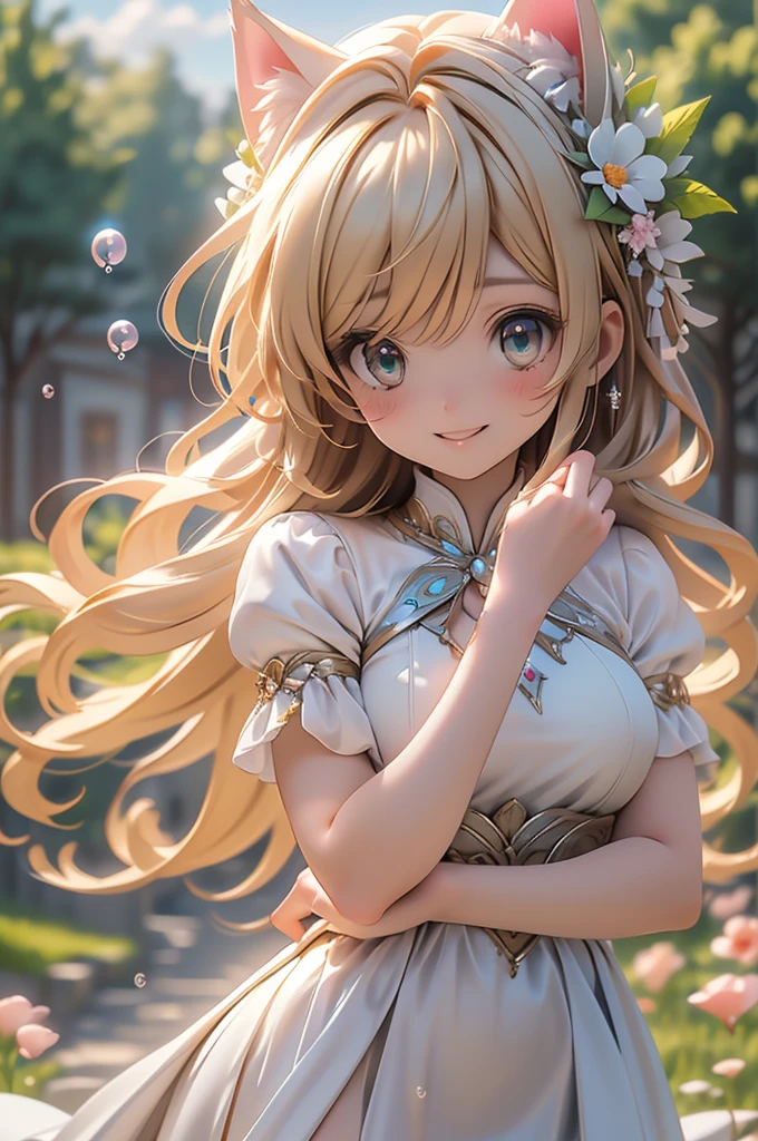 (Highest quality))、((masterpiece))、(detailed)、((soro girl)),masterpiece,best quality, high quality,ulutra detailed,Perfect Face、Daytime、Flower field background、((A voluminous flower crown))、Place both hands on head、((tall、woman、20th Generation、Cat ear、Sparkling Eyes、Blonde long hair)、、((high slit dress))、looking at viewer、good weather、smile、Many soap bubbles float、The wind is blowing、Petals fluttering、