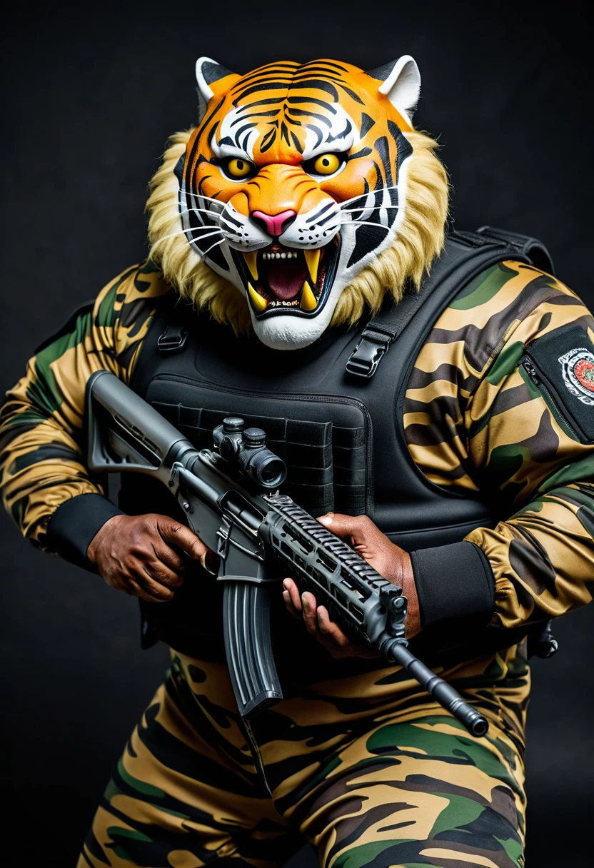 (a dark-skinned fat muscular old man in a bulky camouflage zipper diver suit) shooting with a rifle and (wearing realistic roaring siberian tiger mask), muscular, Basuki Abdullah, sumatraism, action, a character portrait, heroic, fierce, snarling