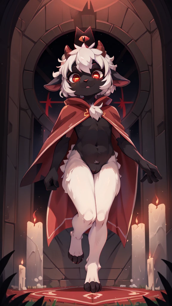 Furry shota, Lamb, "Cult of the lamb", red eyes, clear black body fur, black nose, small horns, white hair, spiky hairstyle, short hair, full body, detailed body fur, detailed body, detailed eyes, glistering body, shiny body, gorgeous body, masterpiece, feets whit three toes, ((crown, red cloak)), standing