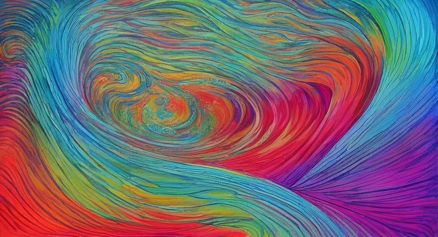 a painting of waves with a rainbow colored swirls fine lines and details,