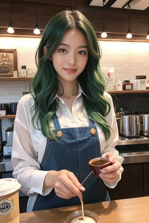 highest quality、4K、Perfect Face、Perfect Style、perfect body、Sunburn、beautiful lady、mature、long curly layer mint green hair、Swept-back hair、full body, sexy 、charming、healthy、of the highest quality、8K、masutepiece、hight resolution、at the coffee shop 、Woman making delicious coffee、Looking at the camera、smile、Finish as shown in the photo、Coffee and beauty、