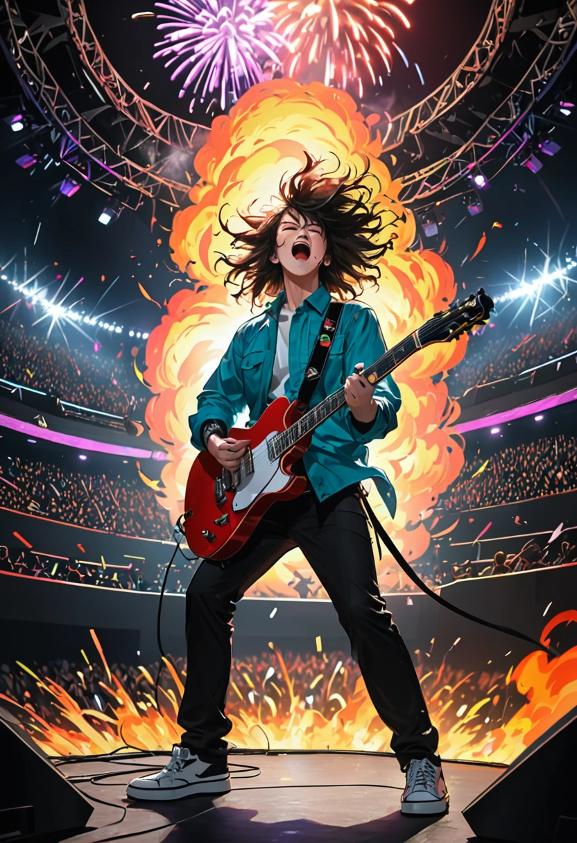 (Highest quality,4K,8k,High resolution,masterpiece:1.2),Very detailed,(Actual,photoActual,photo-Actual:1.37),rock star,singer,guitar,uniform,black,tight,gilded accents,Spacewalk,Hysterical singing voice,Stage lighting,restive,Glitch Art,Bright colors,Energetic performance,An exciting atmosphere,Loud music,Screaming fans,Huge Speaker,Fiery explosion,Dynamic pose,Smoke and fog effects,Expressive Face,Revolving light,flash,Dark Background,Edgy Style,Wild Hair,Mike stand,guitar声音失真,Rock Music,Celebrities,电guitar独奏,Huge concert stage,Stroll on stage,Condescending attitude,Emotional Intensity,Big, heavy drum sounds,Electrical Energy,Stage Fireworks,Powerful vocal performance,Packed stadium,Thousands of fans,roaring crowd,flash,An exciting atmosphere,sweaty and Energetic performance,Legendary characters,Acting skills,Standing ovation