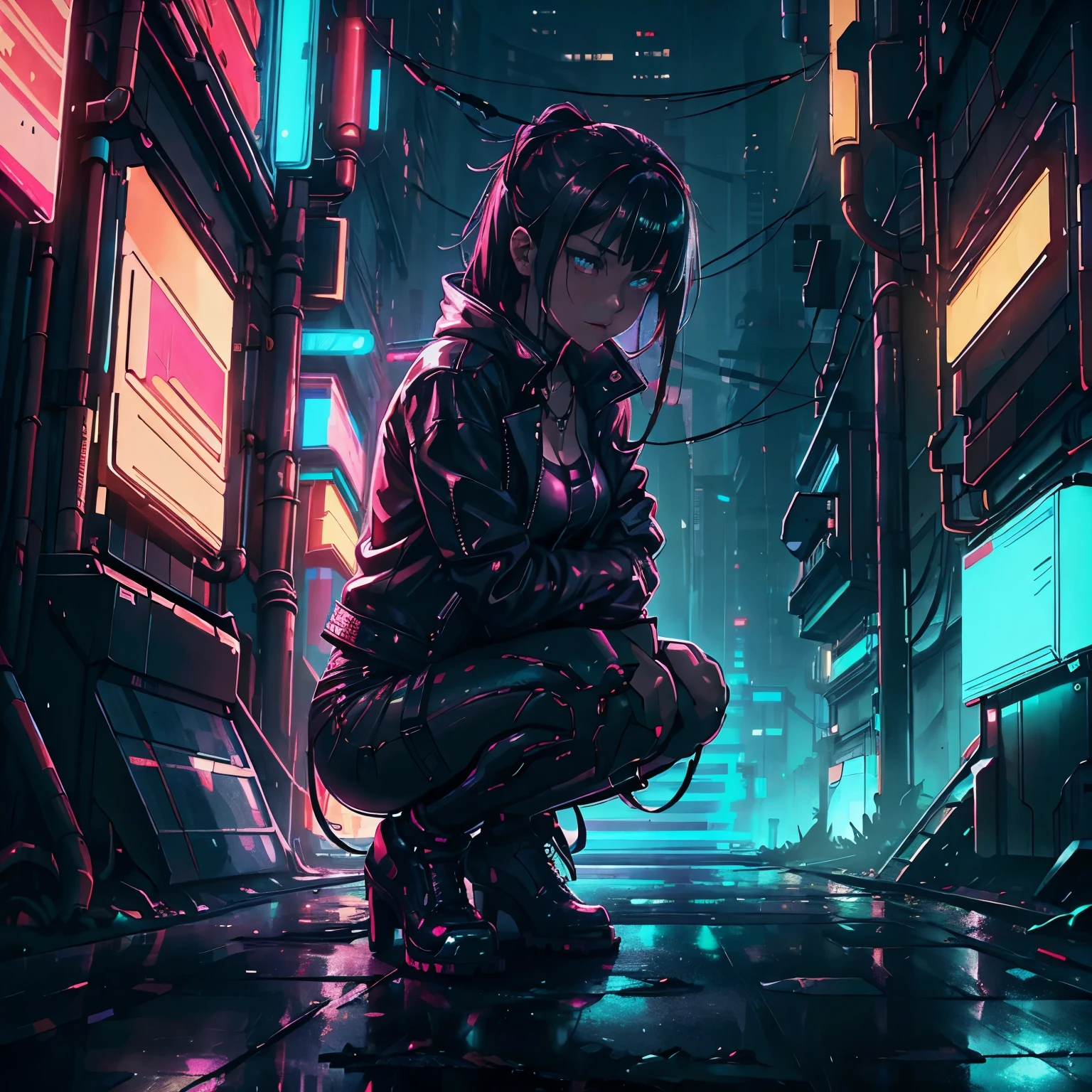 Amidst the rain-soaked, neon-lit streets of a cyberpunk city, a young girl stands alone. Her short, raven-black hair clings to her pale face, highlighting her sorrowful eyes. A sleek mechanical arm glints under the streetlights, and her legs, both cybernetic, hum softly with each movement. Clad in a worn leather jacket with LED patches, she grips a rusted pendant tightly. Rain mingles with her silent tears as she gazes into the distance, a lonely figure in a dystopian world.