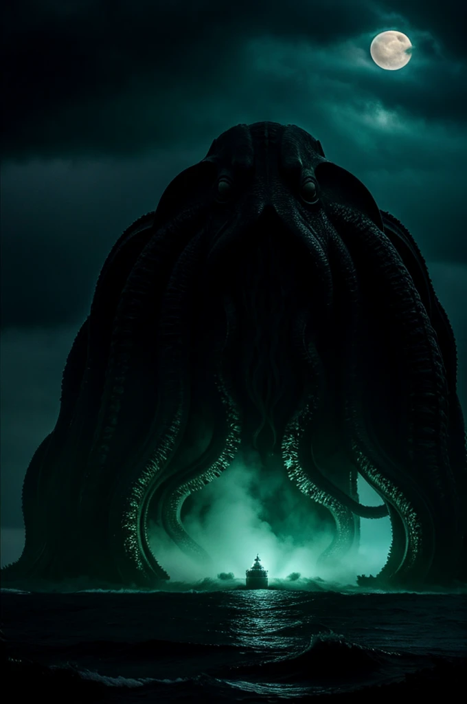 Cthulhu、darkness、Ocean、rain、fog、Giant monster、fear、unmanned、Tentacles、moon、Cloudy、universe、Realistic photos、high resolution