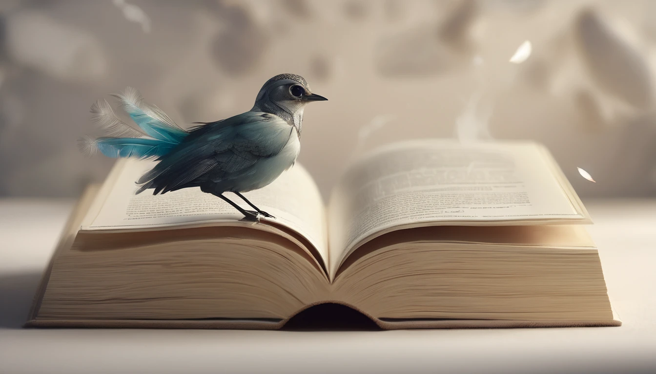 masterpiece, 4k, sharp focus, highest quality,wide shot. Imagine a book cover that conveys a sense of nostalgia and storytelling. The title of the book is " Penamemoria". Is a book about the creative, unique journey of a boy into becoming a musician storyteller. In his journey he finds a magical feather and a dreamy bird. Minimalistic, modern, dreamy logotype at the bottom of the book cover