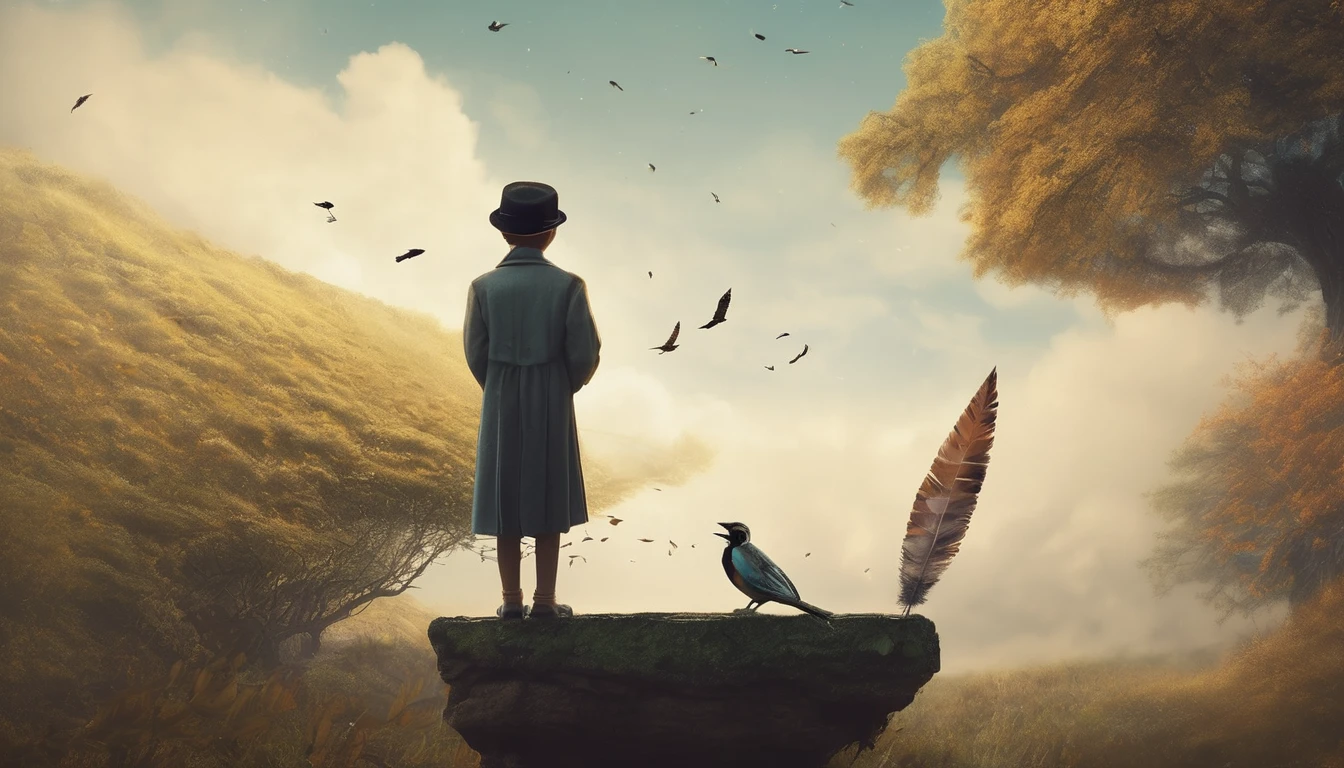 masterpiece, 4k, sharp focus, highest quality,wide shot. Imagine a book cover that conveys a sense of nostalgia and storytelling. The title of the book is " Penamemoria". Is a book about the creative, unique journey of a boy into becoming a musician storyteller. In his journey he finds a magical feather and a dreamy bird. Minimalistic, modern, dreamy logotype at the bottom of the book cover